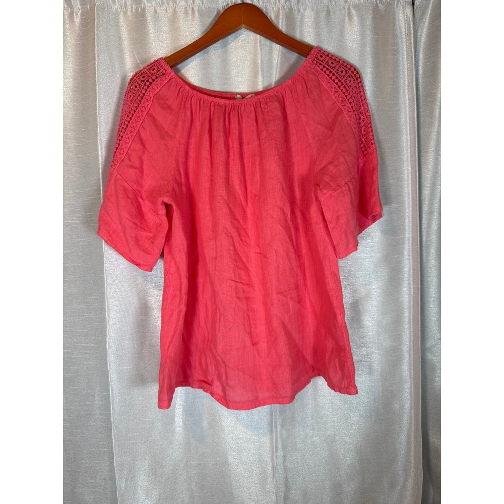 Terzo Millennio Made In Italy Linen‎ Crochet Sleeve Coral Top